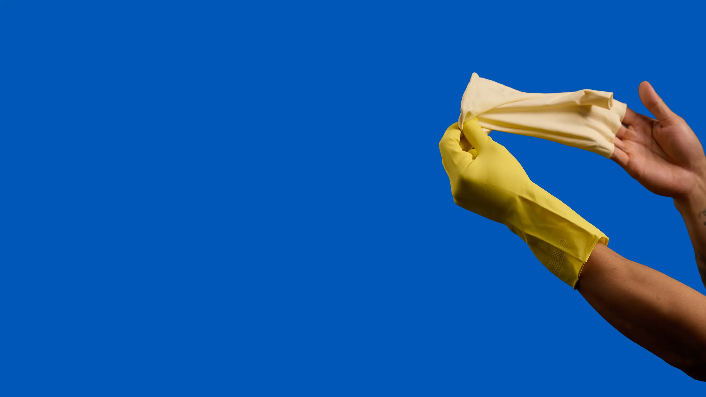 Hands wearing yellow cleaning gloves hold a yellow cloth against a solid blue background.